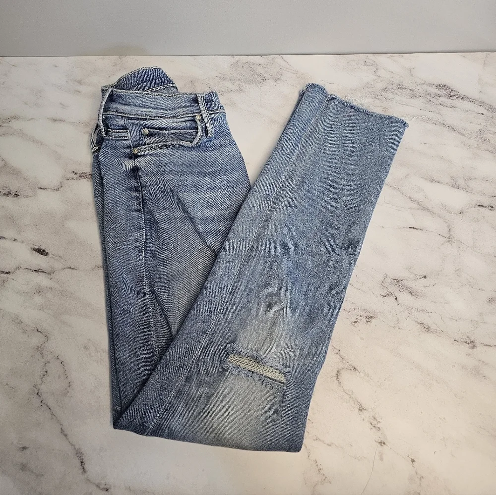 MOTHER The Mid Rise Dazzler Ankle Fray Straight Leg Light Blue Jeans 27 Preowned